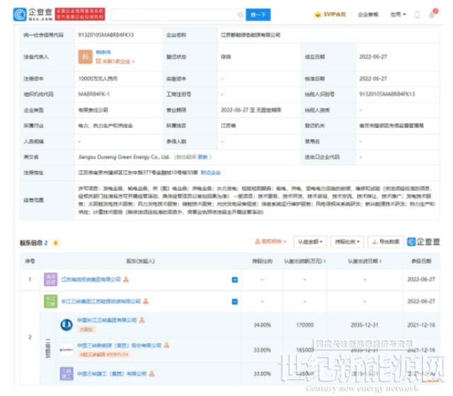 三峽能源投資成立江蘇都能綠色能源公司，注冊資本1億元
