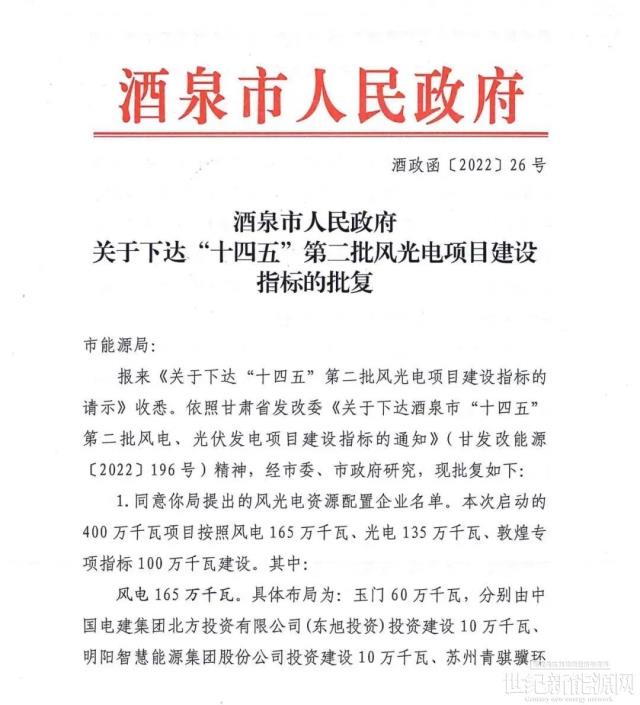酒泉下達4GW風光指標：沙洲能源、中國電建、浙能前三