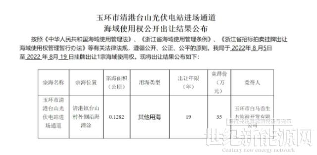 使用年限19年 華能以35萬元竟得浙江某海域使用權
