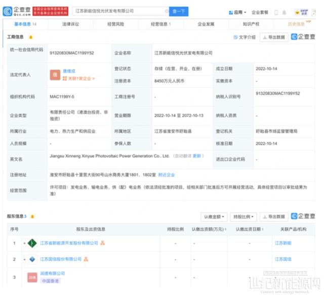 江蘇新能、江蘇國信等成立光伏發電公司，注冊資本超8000萬