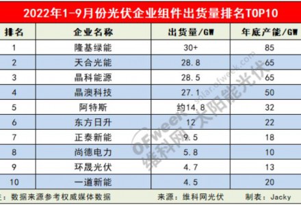 合計165.7GW！2022年1-9月組件廠商出貨量排行榜TOP10出爐