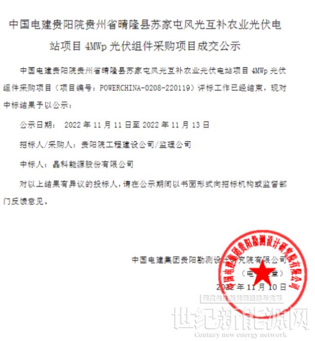 晶科能源中標中國電建貴州晴隆蘇家屯風光互補4MWp光伏組件采購項目